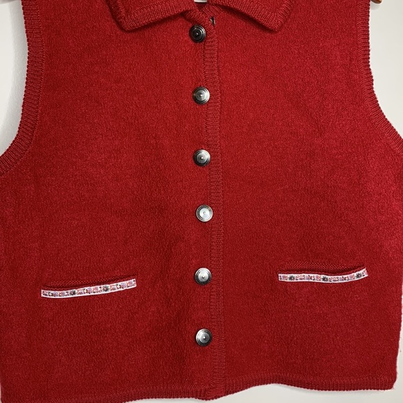 Woolrich | Red Silver Button Adorned Wool Vest Collared With Pockets Floral Trim - Picture 4 of 11